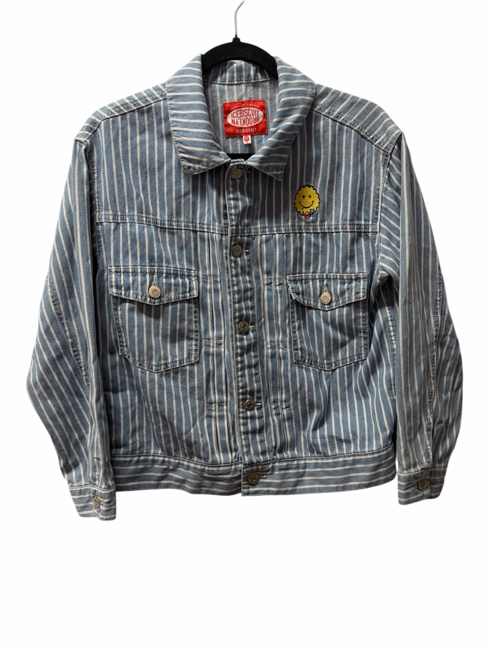 Brooklyn IceBiscuit Korean Denim Jean Jacket Size Medium Embroidered Happy Face
